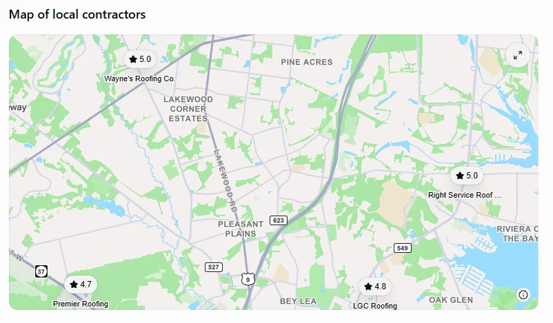 Map of local roofing contractors in Toms River shown inside ChatGPT