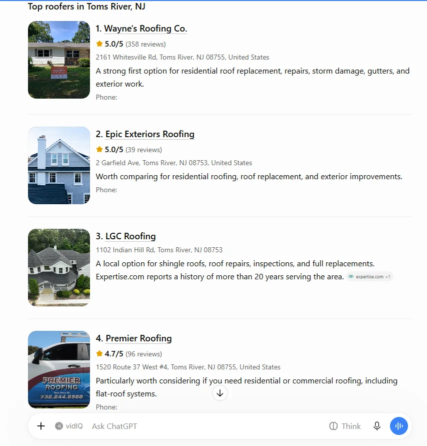 ChatGPT answer listing the top roofers in Toms River, NJ with ratings, review counts and addresses