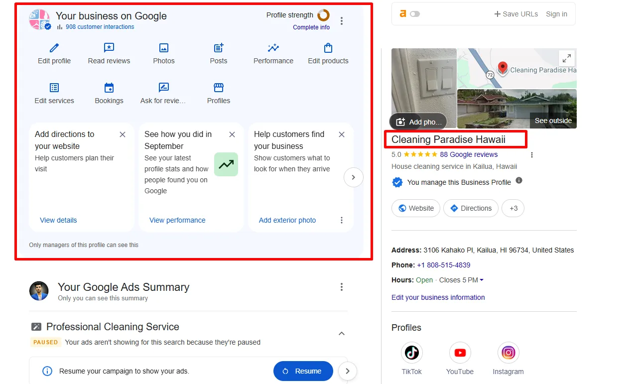 Google Business Profile for a cleaning service with 5.0 rating and 88 reviews