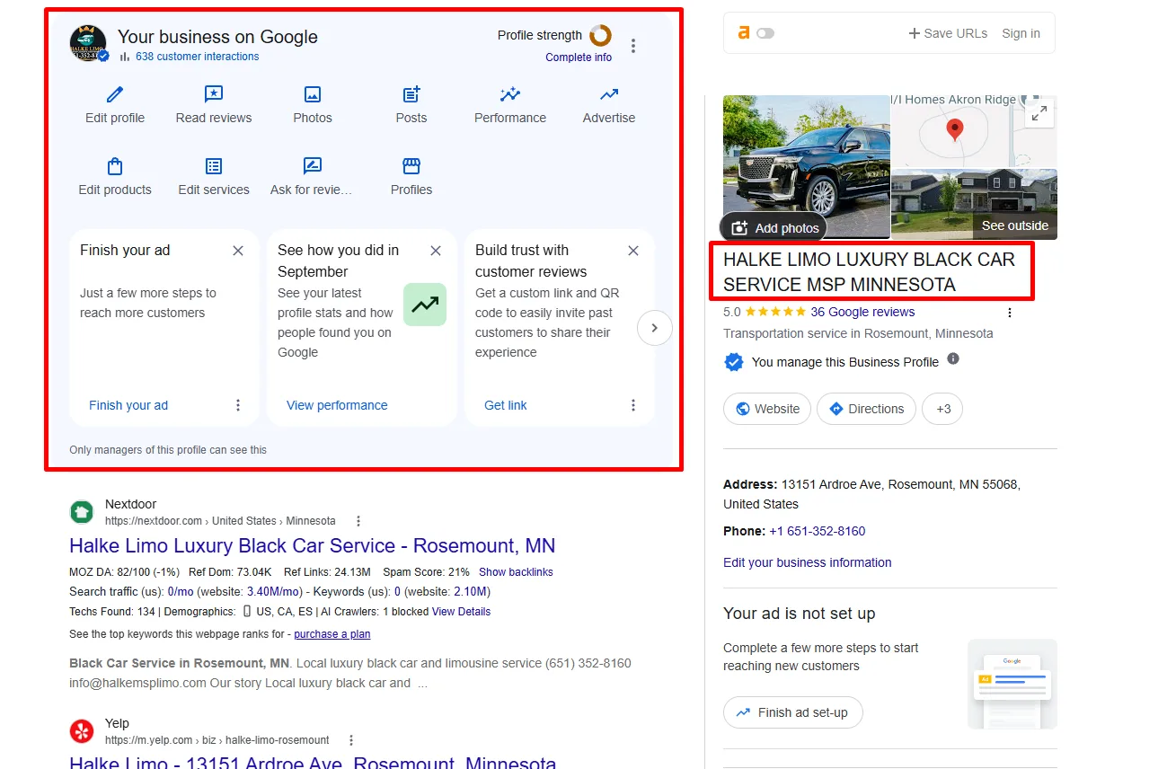 Google Business Profile for a limo service with 36 reviews