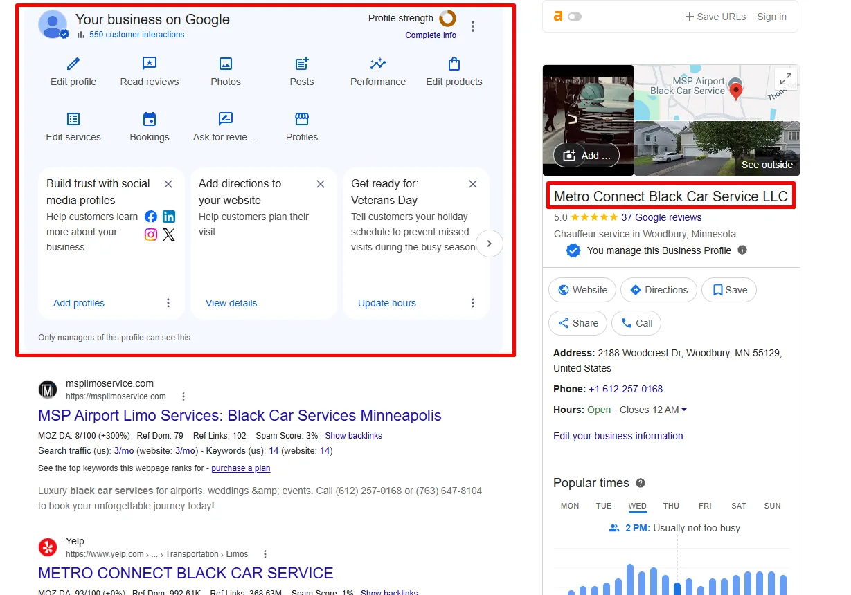 Google Business Profile for a black car service with 37 reviews