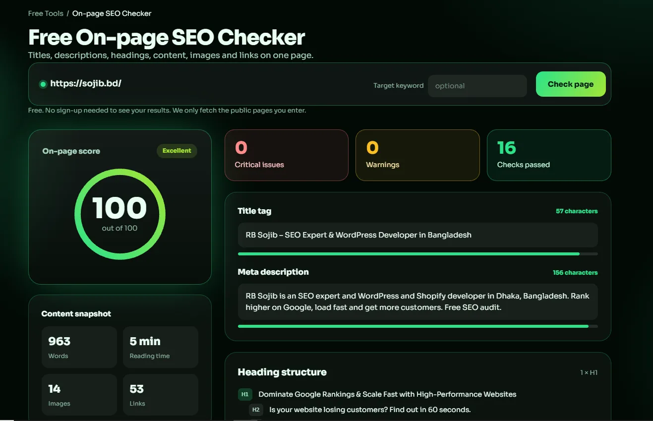 On-page SEO score of 100 out of 100 for sojib.bd