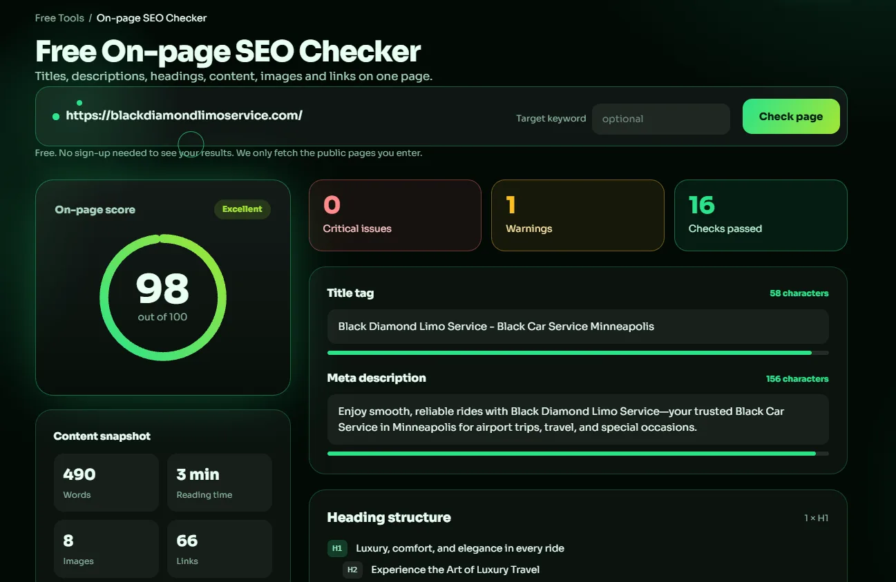 On-page SEO score of 98 out of 100 for a limo service website