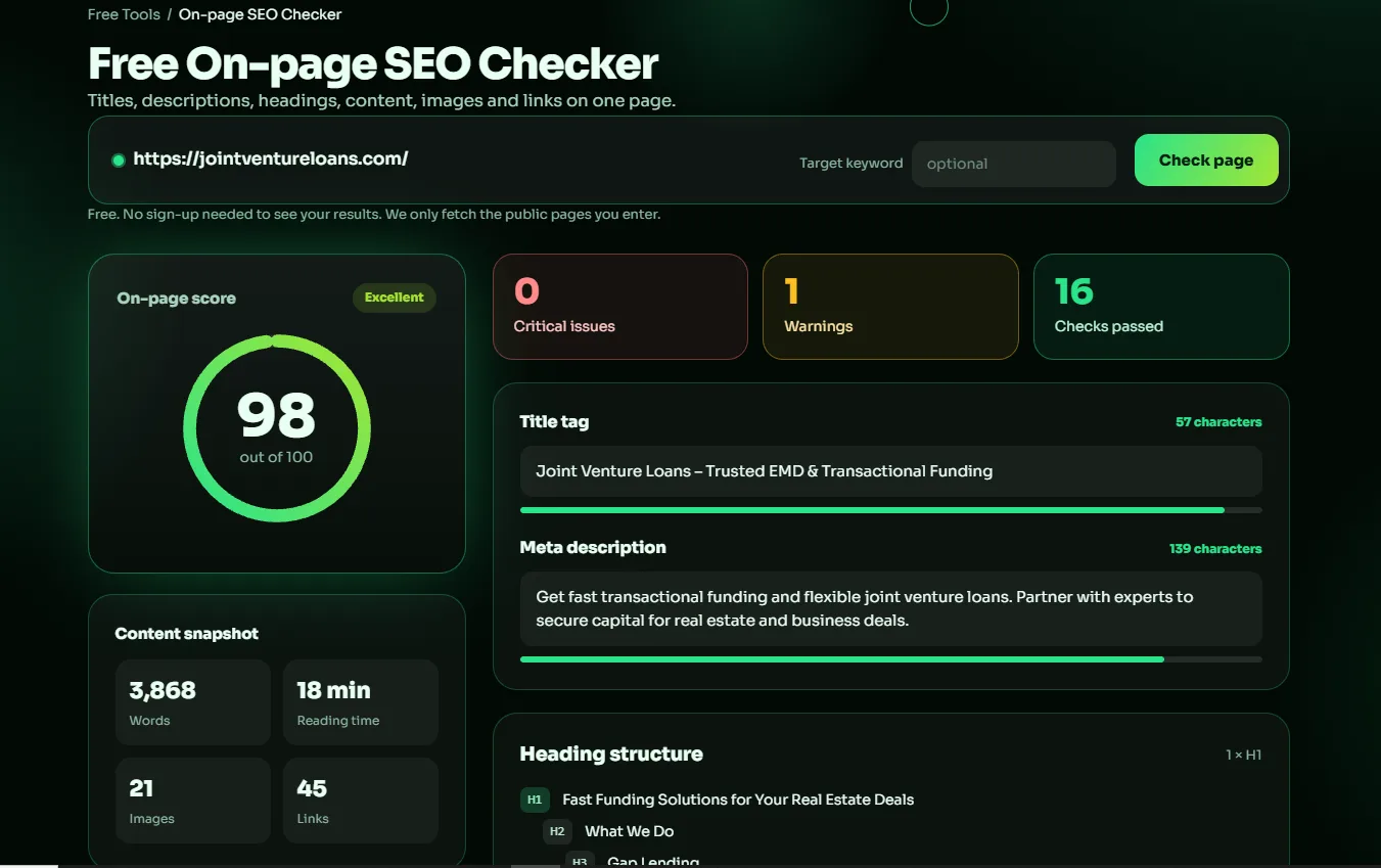On-page SEO score of 98 out of 100 for a lending website