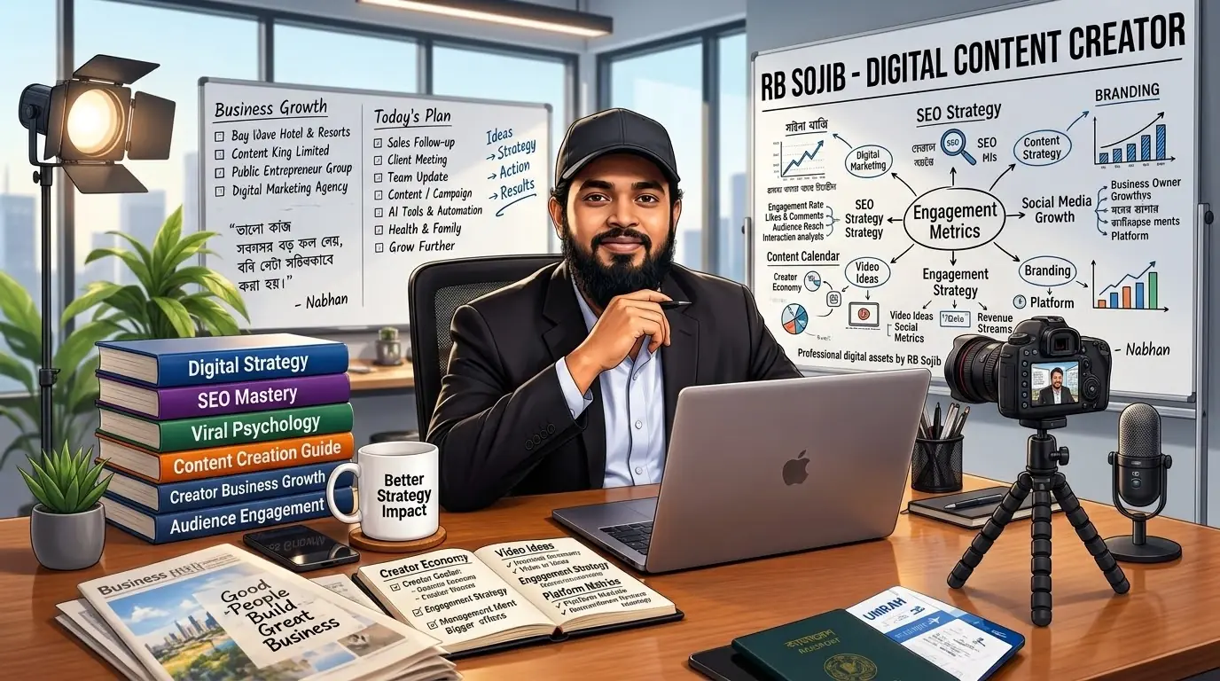 Illustration of RB Sojib planning SEO strategy, content and engagement metrics at his desk
