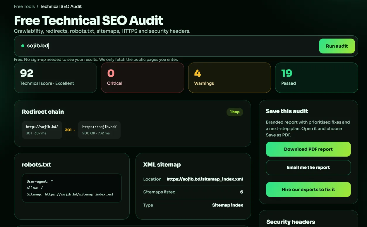 Technical SEO audit score of 92 out of 100