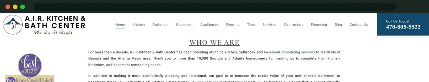 Website design for AIR Kitchen and Bath Center, a remodeling company